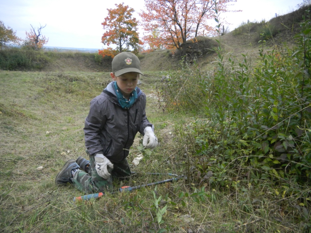 Chlapec klečí a nůžkami vystříhává nálety keřů.